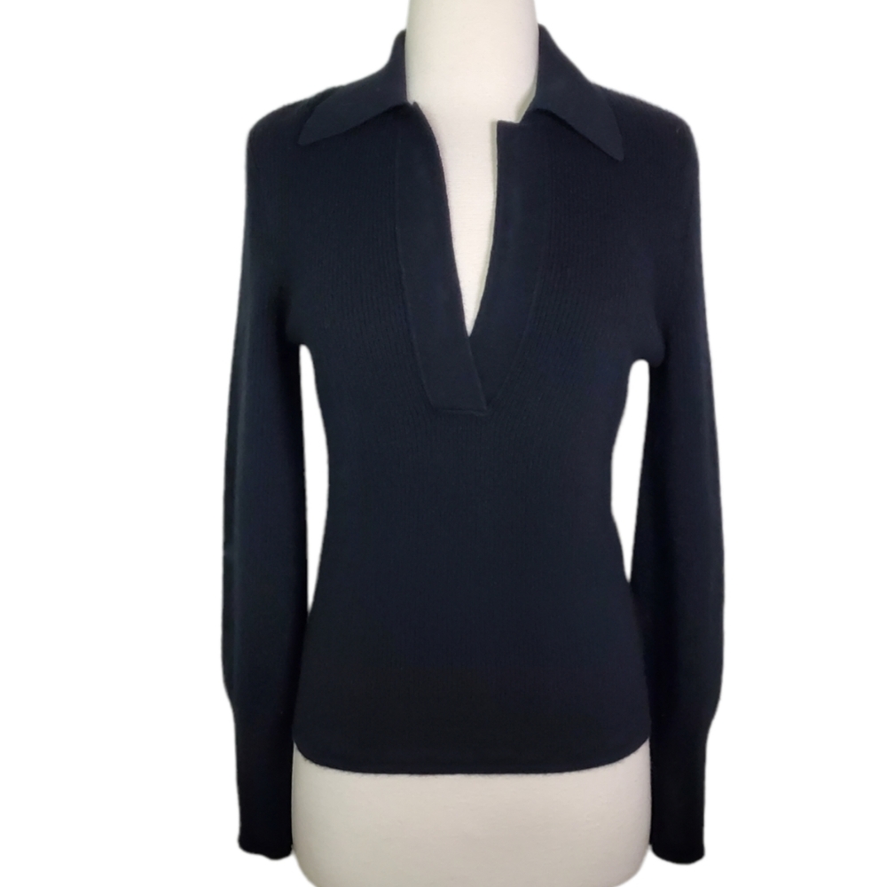Aqua Cashmere Ribbed Knit Collared Deep V-Neck Sweater Black Size XS